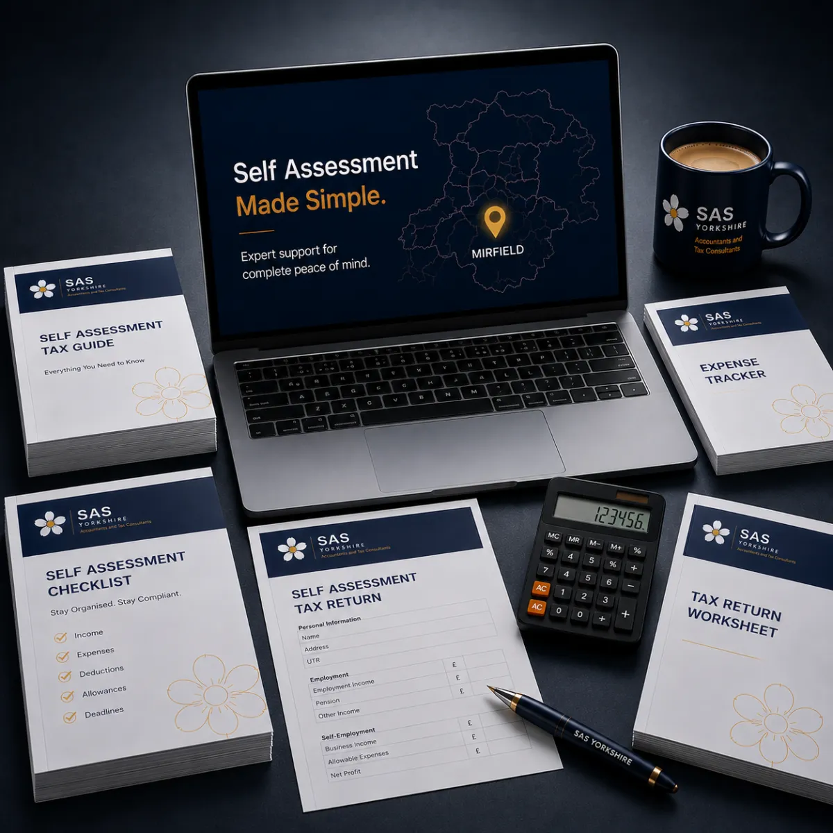 Professional photo of tax paperwork, calculator and laptop