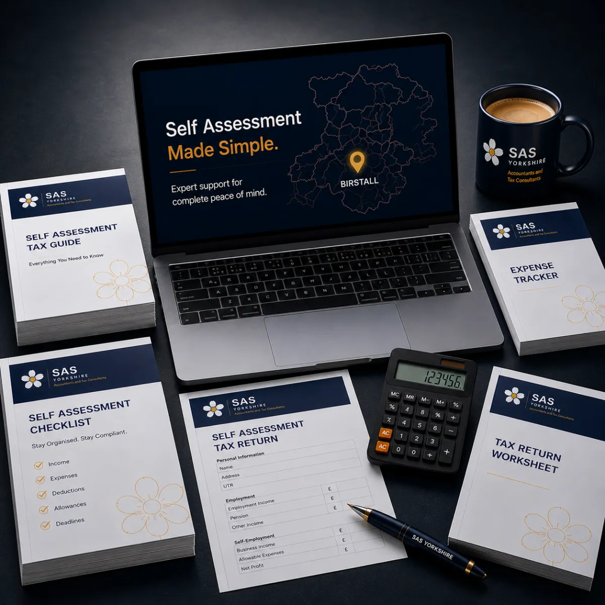 Professional tax paperwork, calculator and laptop