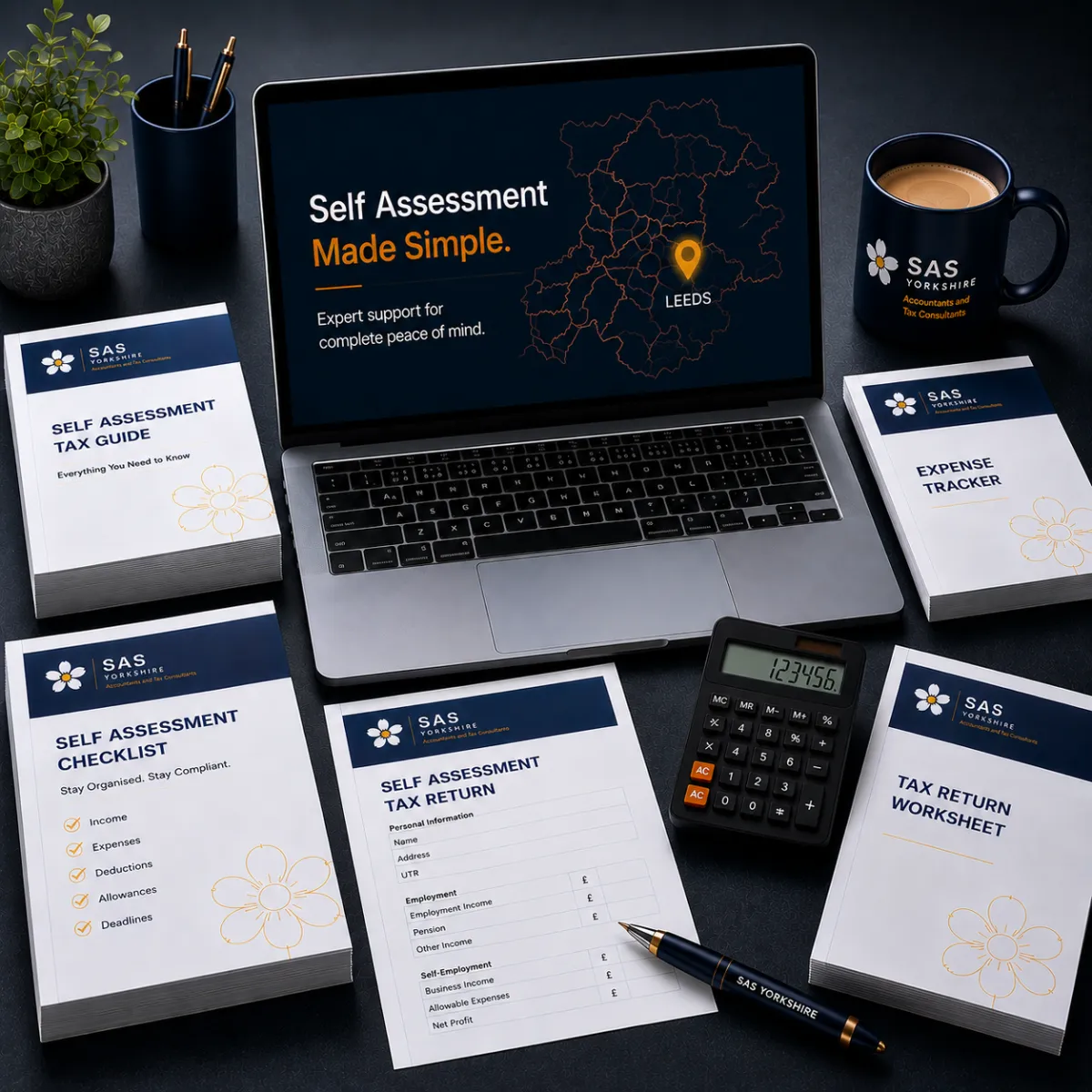 Professional tax paperwork, calculator, laptop
