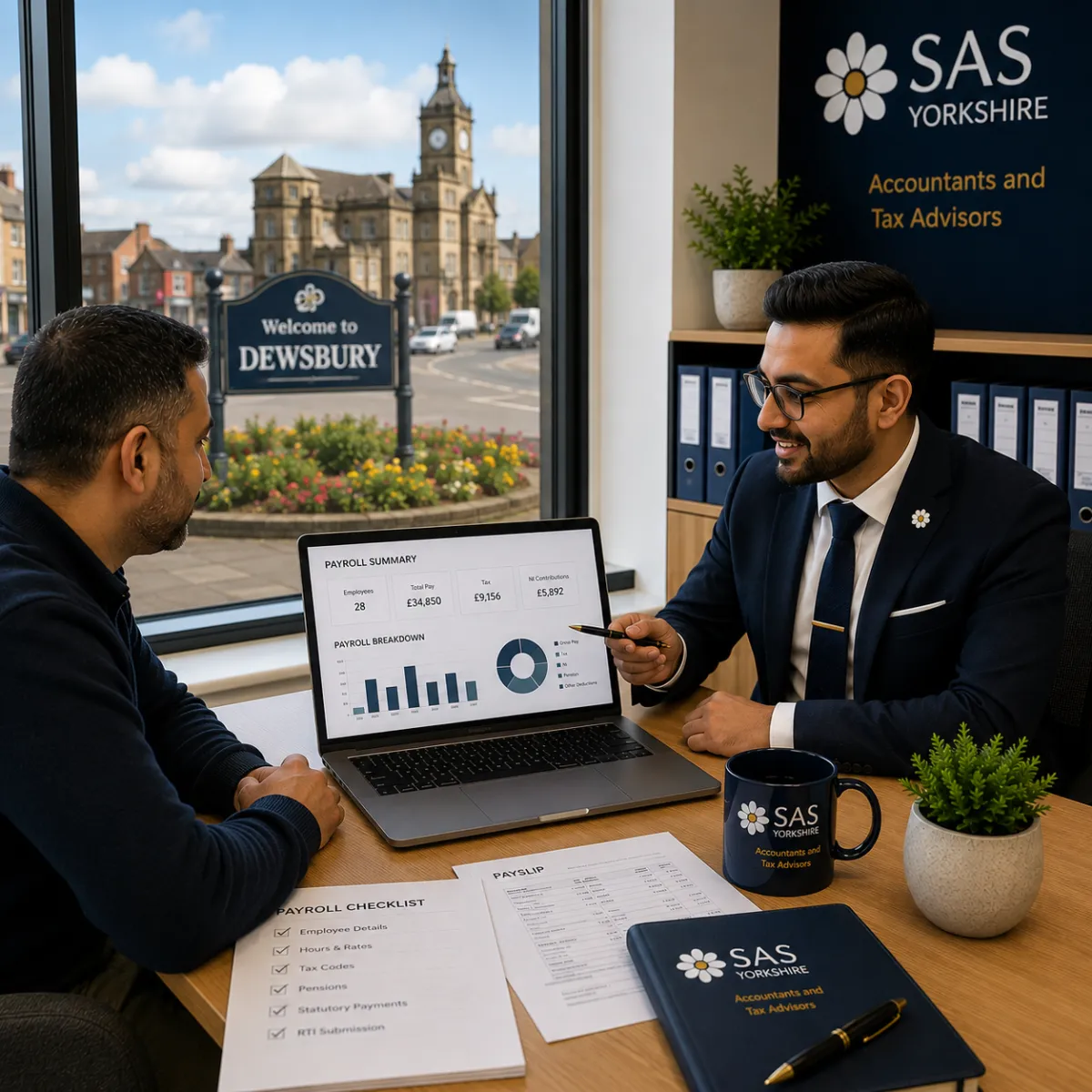 Professional payroll specialist reviewing Dewsbury client accounts