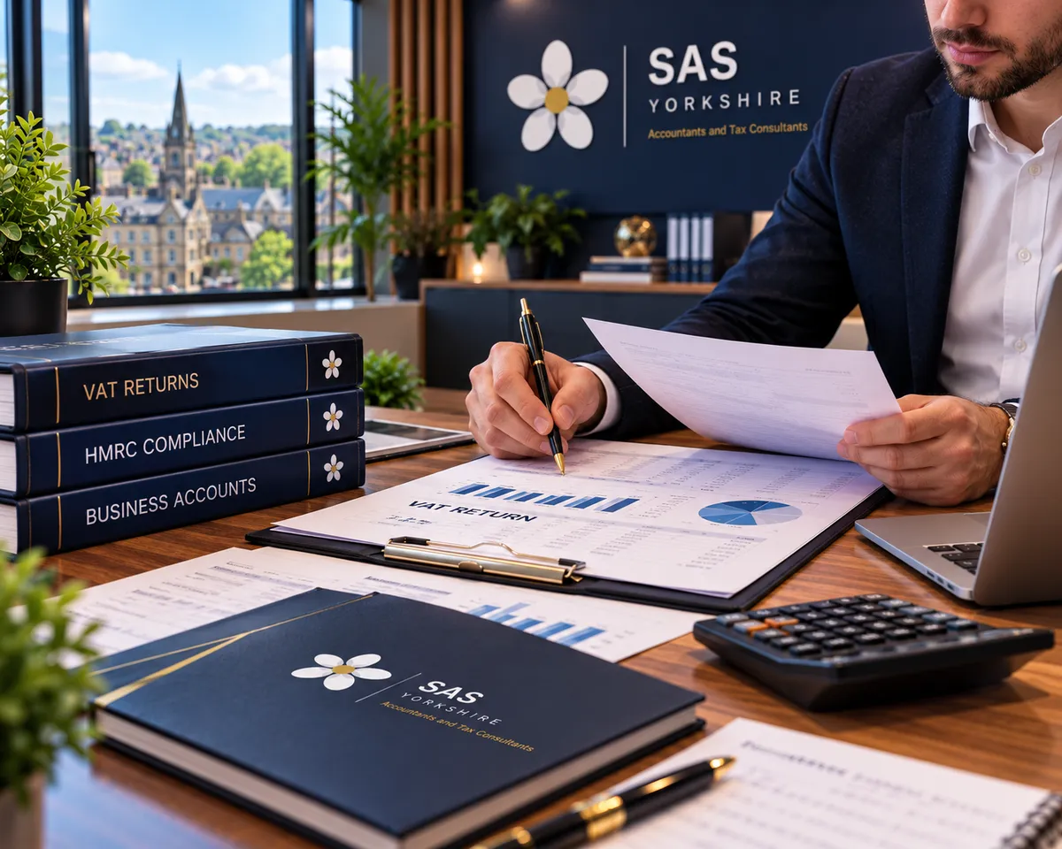 Professional VAT return paperwork and HMRC compliance documentation on an accountant desk in Batley