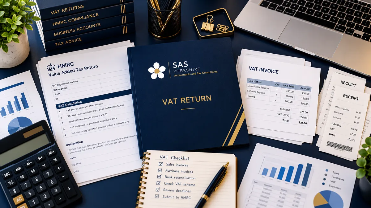 Professional VAT paperwork review with financial calculator and tax documents in Dewsbury