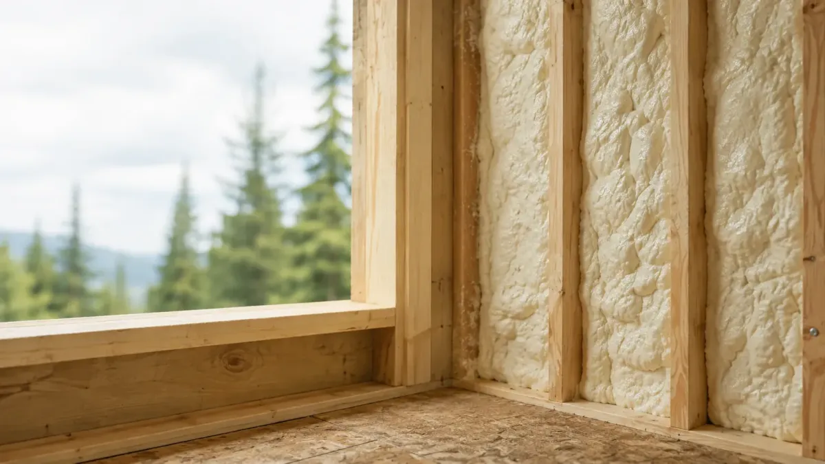 Professional spray foam insulation installed between residential wall studs in a Renton Washington home.