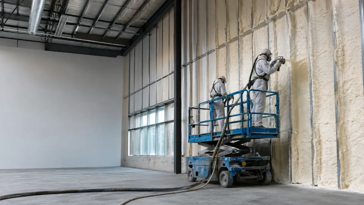 Commercial insulation crew applying spray foam inside a large building in Renton, WA.