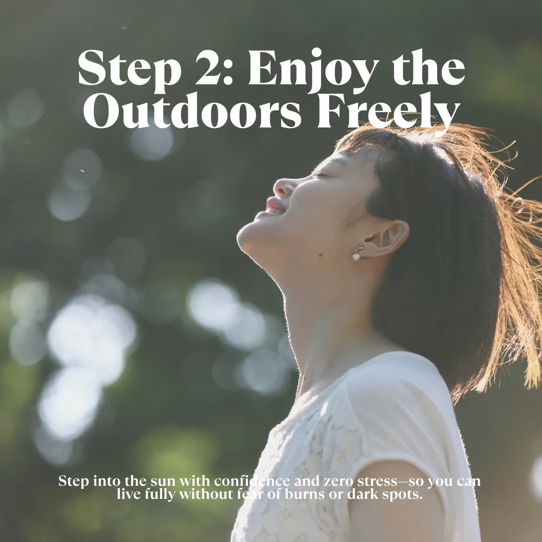Smiling woman outdoors in sunlight, confidently enjoying the sun with protected skin.