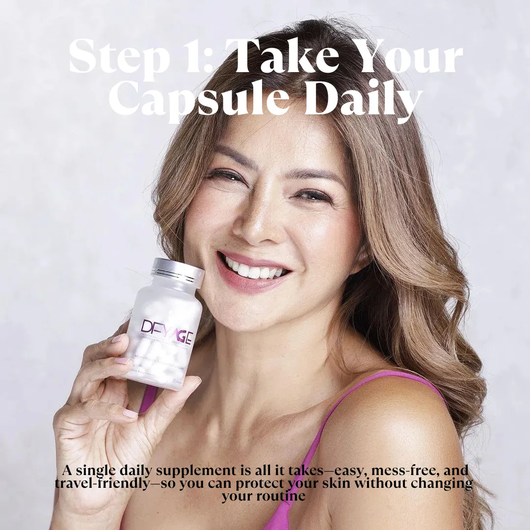 Woman holding a DFYAGE oral sunblock capsule with water, representing easy daily skincare routine.