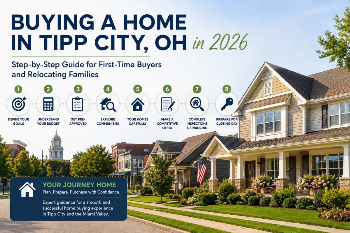 Beautiful neighborhood in Tipp City, OH illustrating a step-by-step home buying guide for first-time buyers and relocating families in 2026.