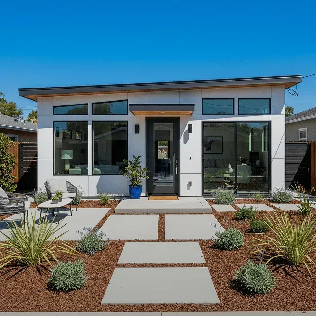 Modern single-story house with large windows, minimalist landscaping, and paved stone pathway