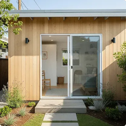 Small wooden backyard studio with sliding glass door, modern landscaping, and a minimalist interior featuring a chair and natural light.
