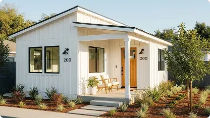 Charming small white house with a front porch, wooden chairs, and drought-tolerant landscaping.