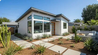 Modern single-story home with large windows and desert landscaping, featuring a stone walkway and outdoor seating area.