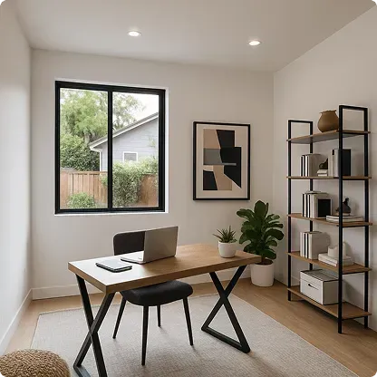 Minimalist home office with wooden desk, laptop, modern art, and shelving unit, inside an ADU with a window view.