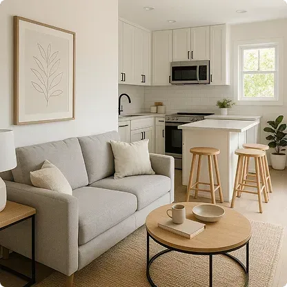 Cozy open-concept living area with light gray sofa, minimalist coffee table, and white kitchen featuring island seating and natural light.