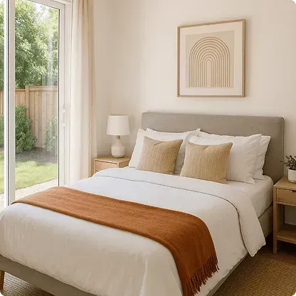 Bright and minimal bedroom with a neatly made bed, neutral tones, sliding glass door, and natural wood furnishings.