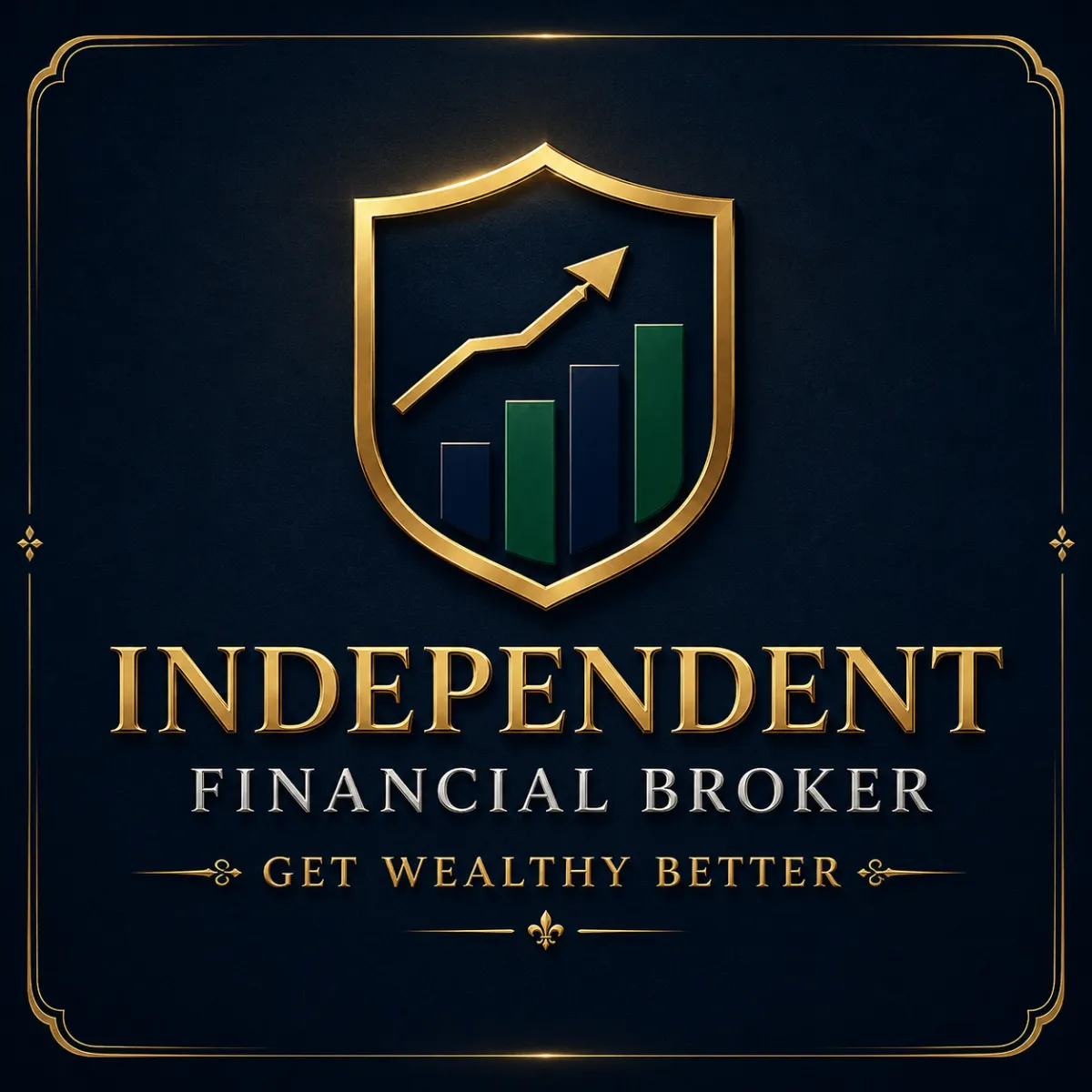 Brand Logo - Gold Shield With Rising Bar Graph. Independent Financial Broker