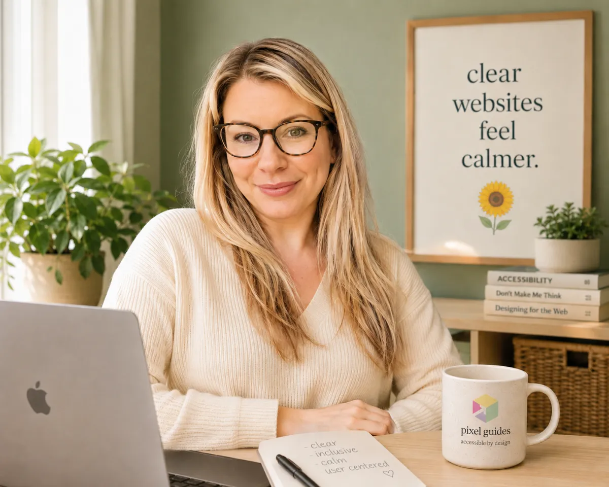 Portrait of a smiling blonde woman wearing glasses and a red top against a soft green background with a white dotted circular pattern behind her.