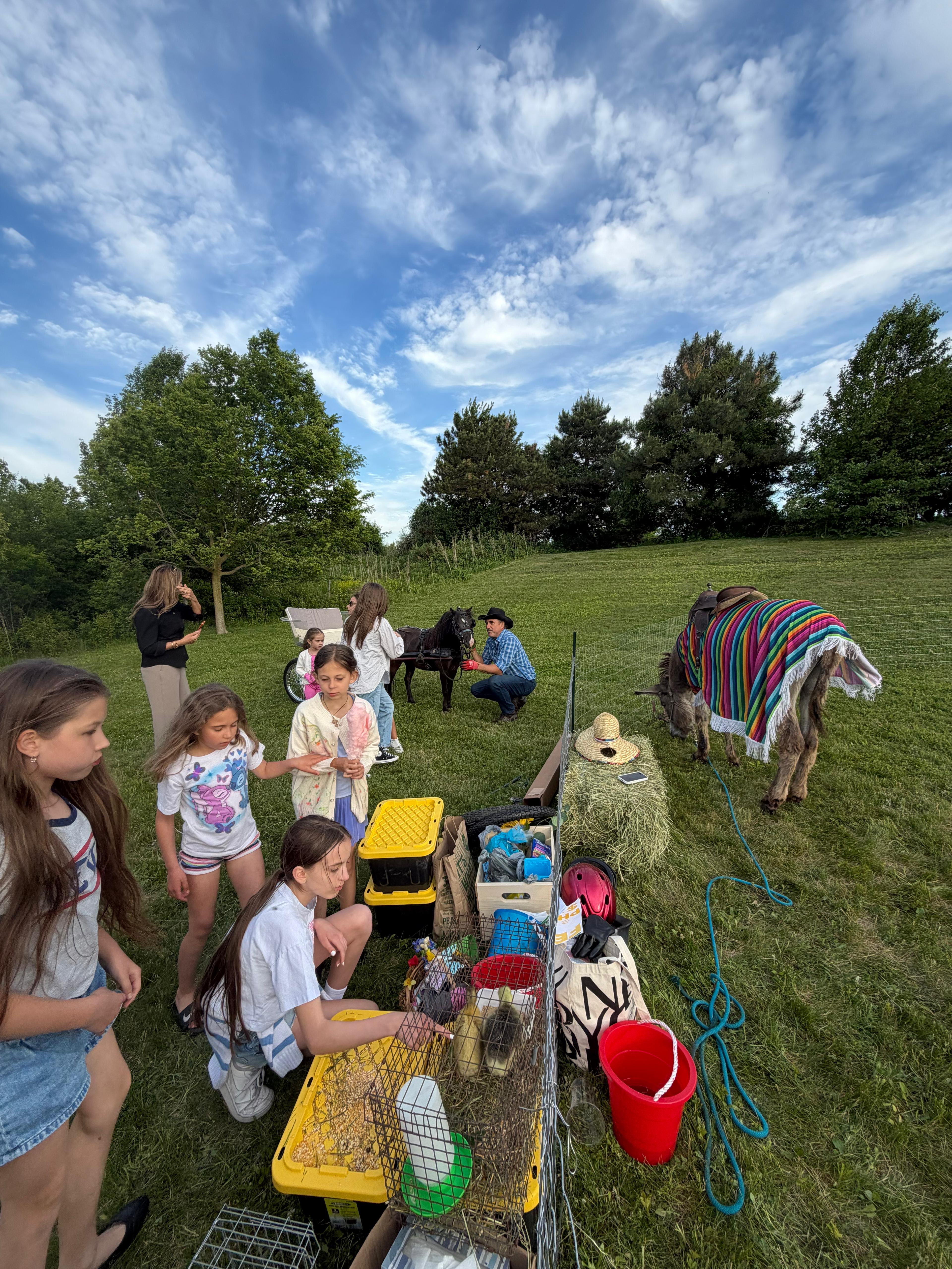 Group of kids at the petting farm of chickens and rabbits