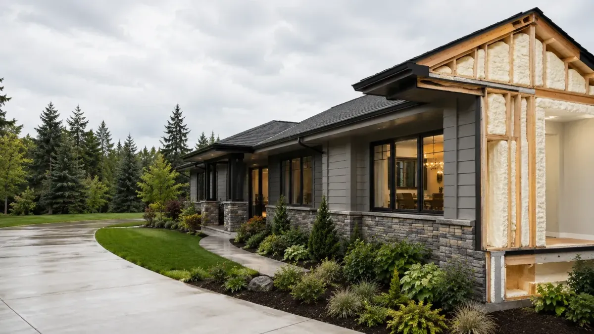 Kent Washington home with detailed spray foam air sealing, insulated wall cavities, roof deck, and building envelope protection.
