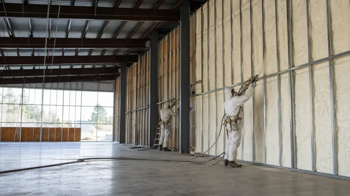 Commercial insulation crew applying spray foam to metal-framed warehouse walls in Kent, Washington.