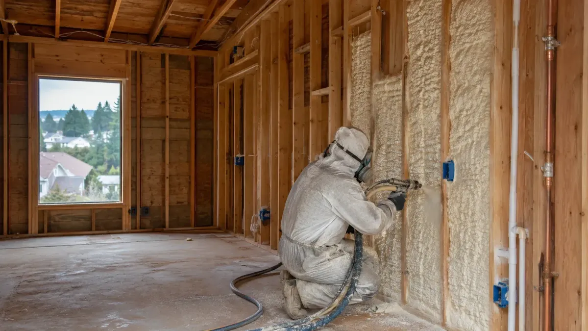 Professional technician applying open-cell spray foam insulation inside exposed residential wall framing.