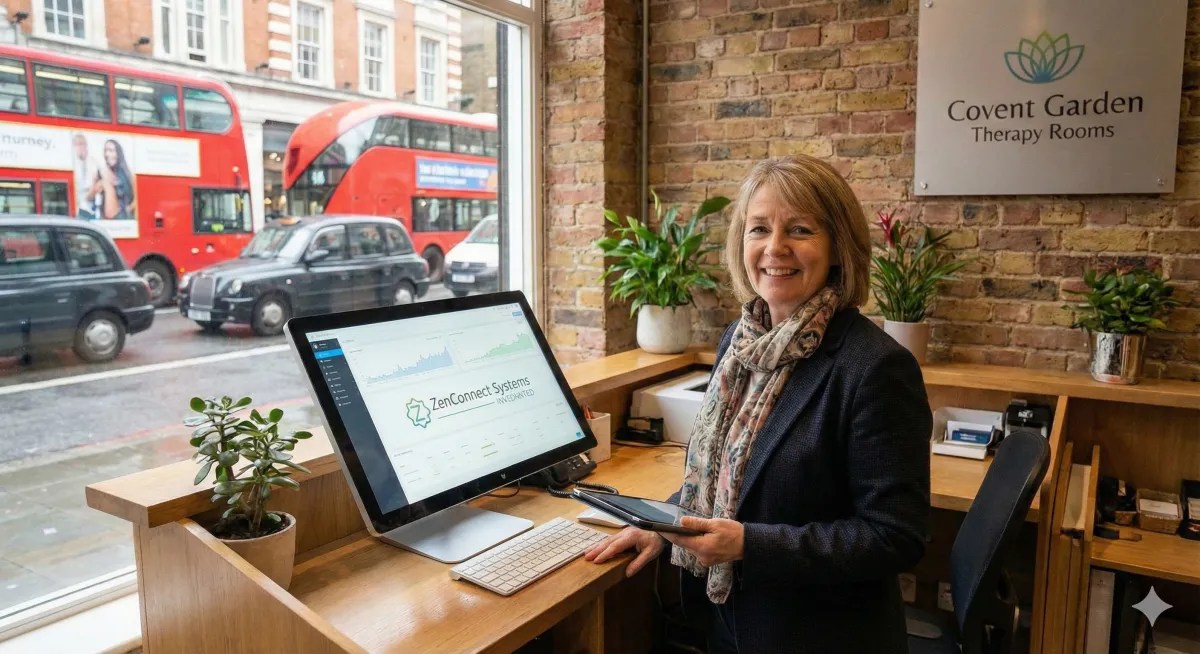 Modern retail store with AI-powered checkout, diverse staff using tablets, and digital displays showing real-time analytics. Bright, clean, and tech-forward environment. The scene highlights increased efficiency and customer satisfaction through automation.