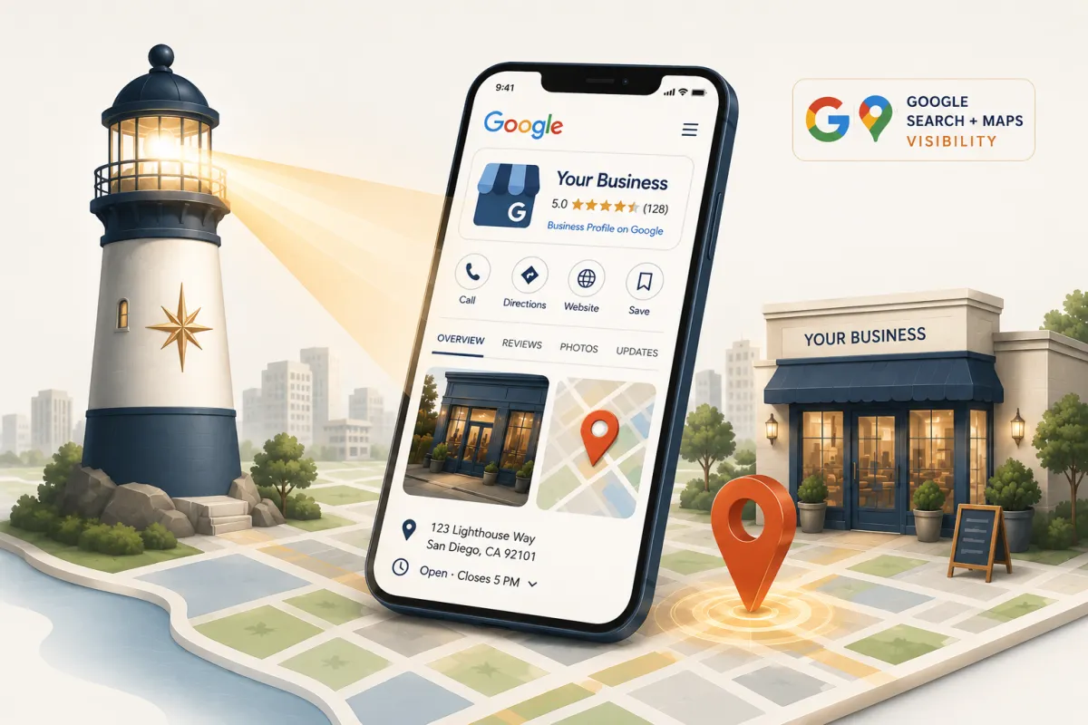 Google Business Profile illustration showing a lighthouse guiding customers to a local business through Google Search and Maps visibility.