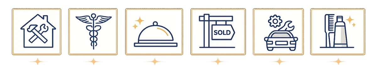 Industry icons representing the local businesses served by Divine Grace Operations, including home services, medical practices, restaurants, real estate professionals, automotive businesses, and beauty services.
