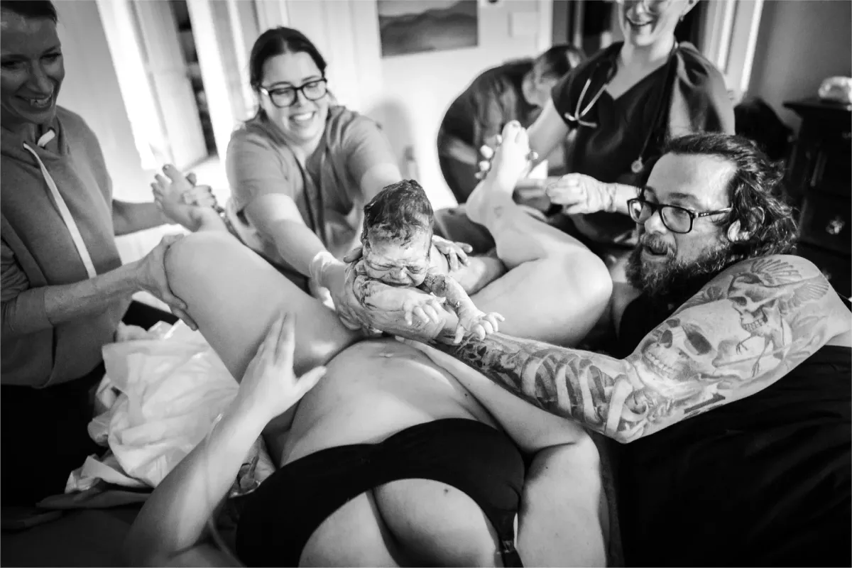 Documentary style black and white birth photography