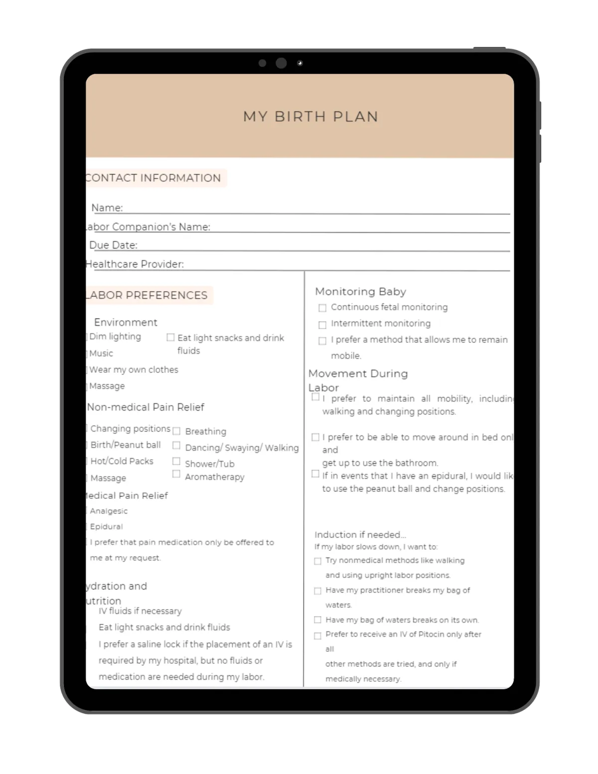 A birth plan template labeled "My Birth Plan" by Beyond Birth Wellness, offering a structured approach for personalized birthing preferences.