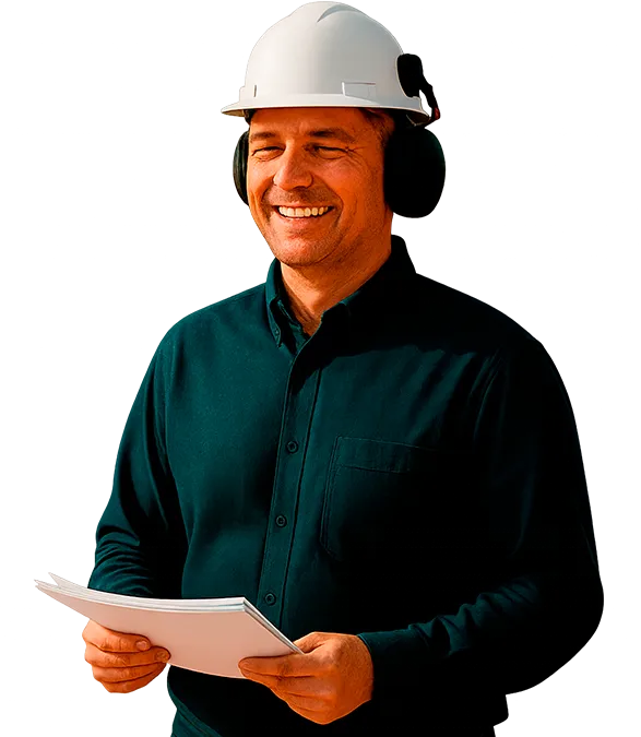 Trabajador minero con casco y protección auditiva revisando póliza de garantía para cierre de fena