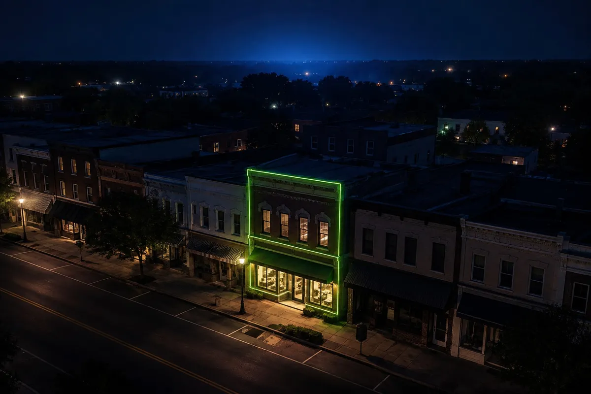A glowing storefront visible among dark buildings at night, representing local business visibility online