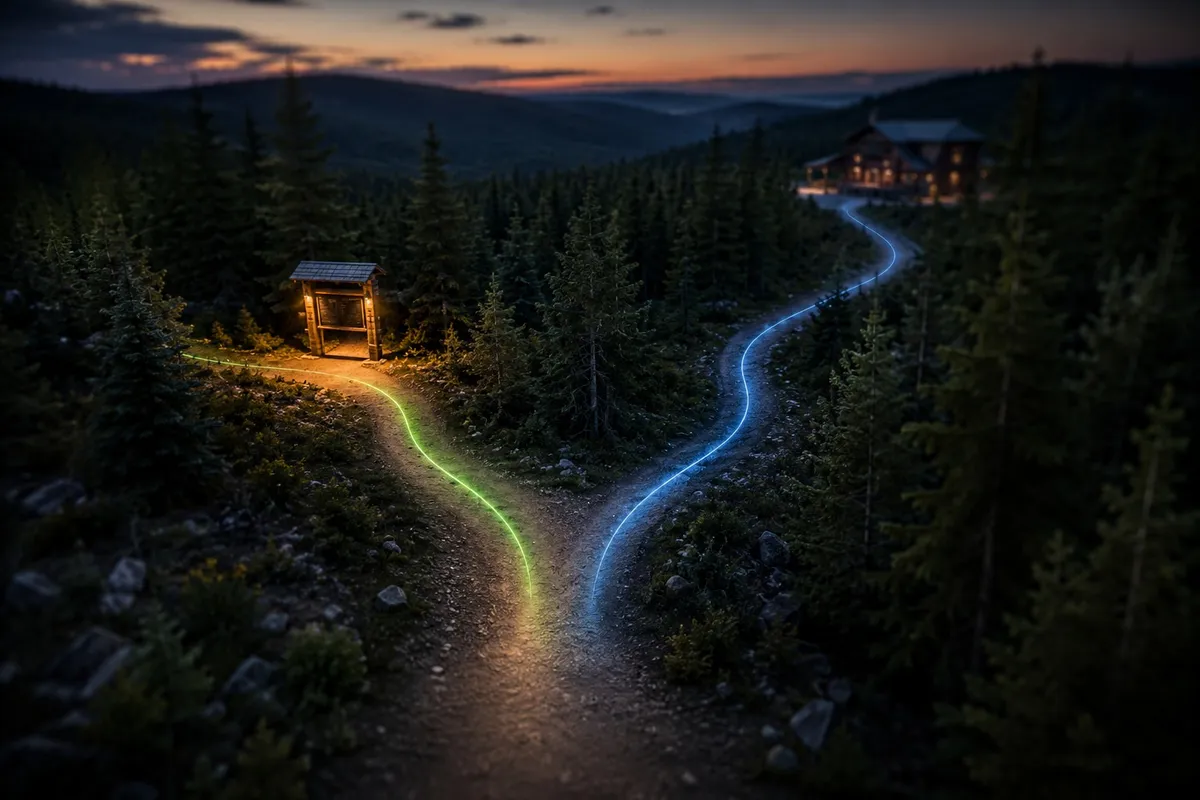 Two diverging paths, one short and direct, one long and winding, representing quick local decisions versus deeper website research