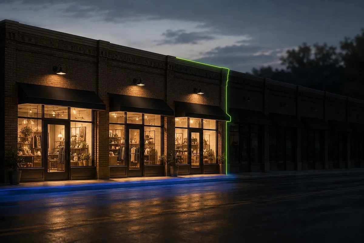 Three brightly lit storefronts in a row followed by identical but unlit storefronts, representing the sharp cutoff after the top three positions in Google's Local Pack