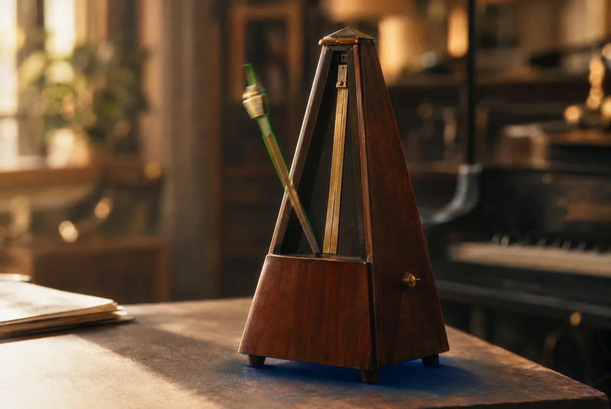 A vintage metronome with its arm caught in steady, even motion, representing consistent social media presence instead of chaotic bursts of posting