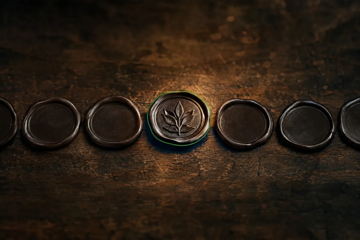 A row of identical blank wax seals with one freshly imprinted with a distinct mark, representing the one specific detail that separates generic AI content from something genuinely authentic