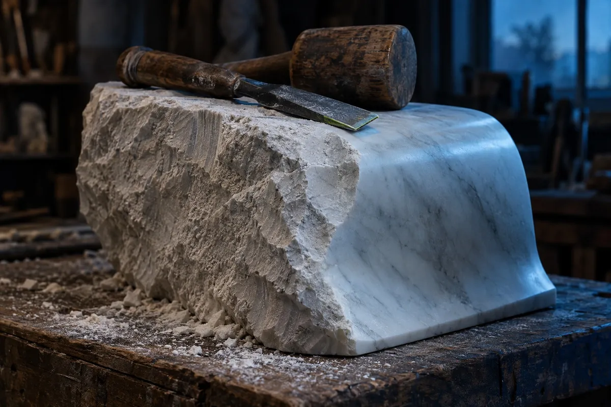 A half-carved block of marble with a chisel and mallet resting on it in a dim sculptor's workshop