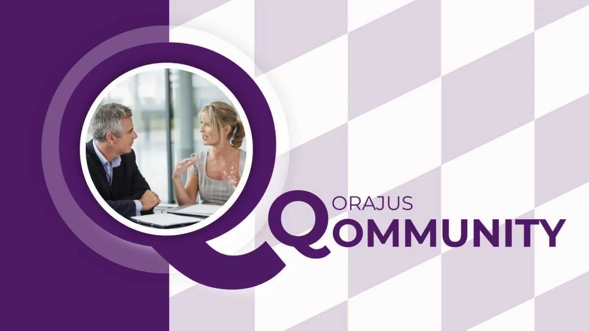 A photo in a large letter Q of a man and woman having a conversation. The text next to the Q states "Qorajus Qonvos"