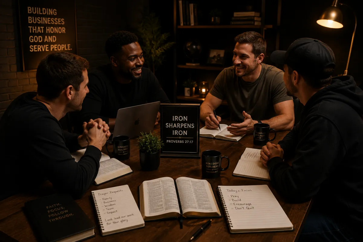 Business owners with open Bibles and notebooks around a table