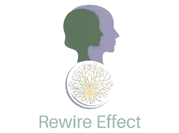 The Rewire Effect logo featuring human silhouette profiles and neural tree design symbolizing mindset transformation and healing