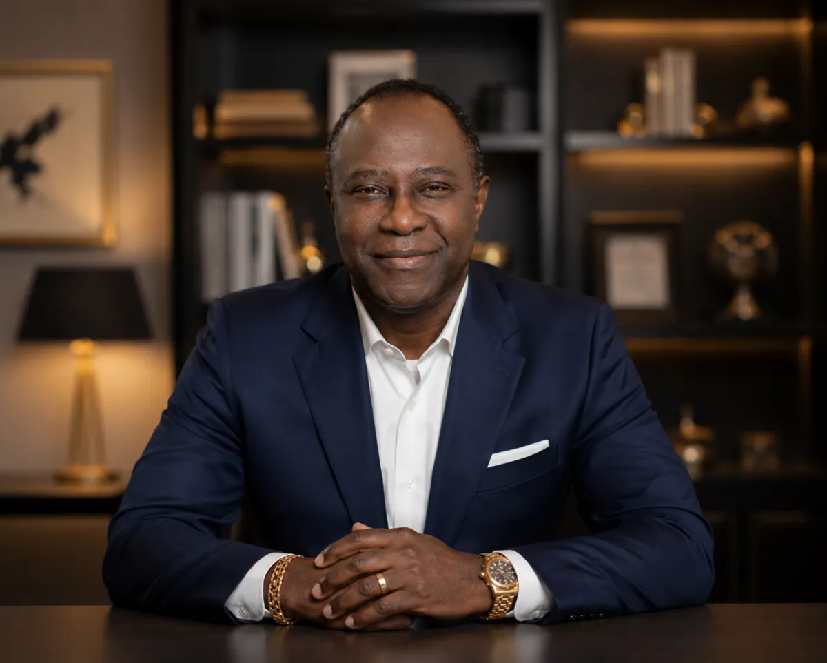 Professor Bankole A. Johnson seated portrait at his office desk