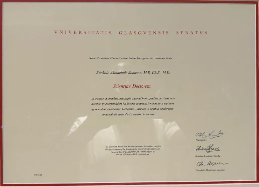 University of Glasgow Doctor of Science (DSc) degree certificate awarded to Bankole Akindeinde Johnson
