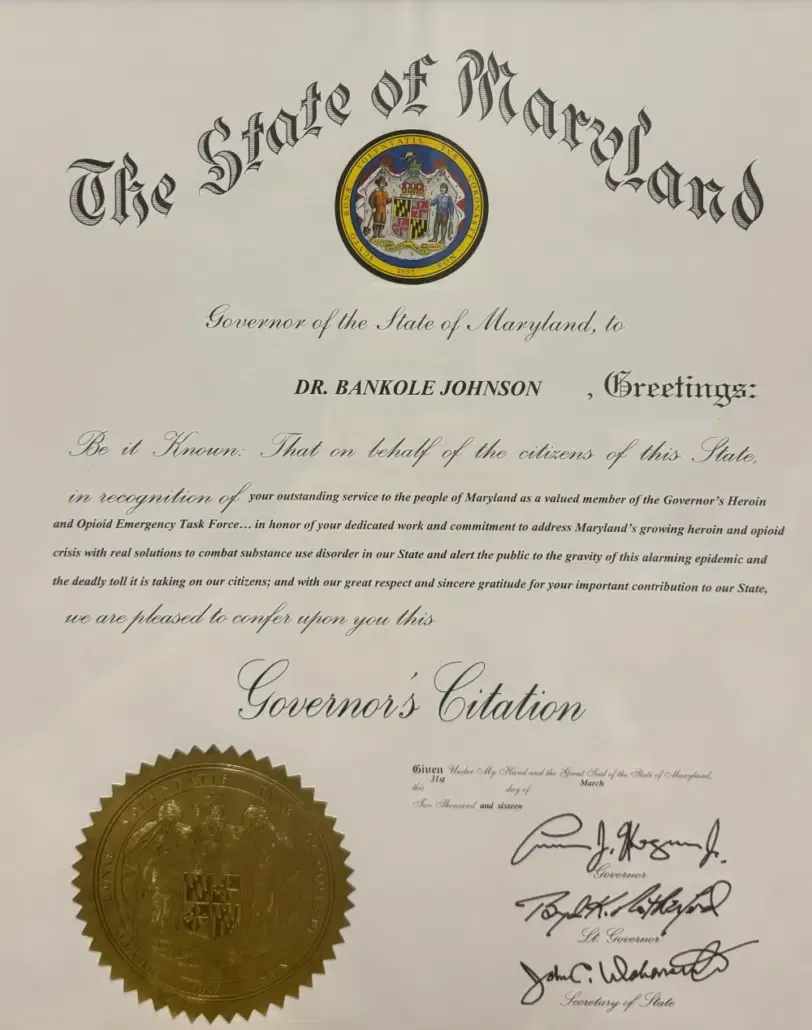 Maryland Governor's Citation awarded to Bankole A. Johnson, M.D.