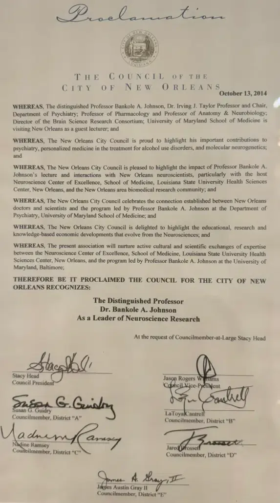 New Orleans City Council Proclamation honoring Bankole A. Johnson, M.D.