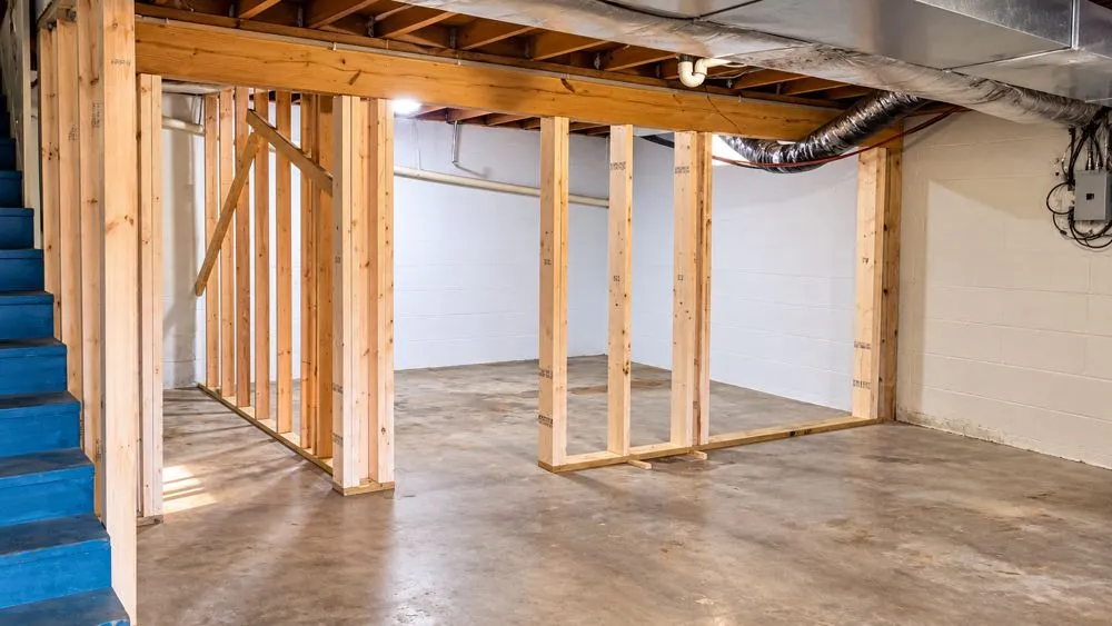 Unfinished concrete basement wall before framing in a Knoxville home