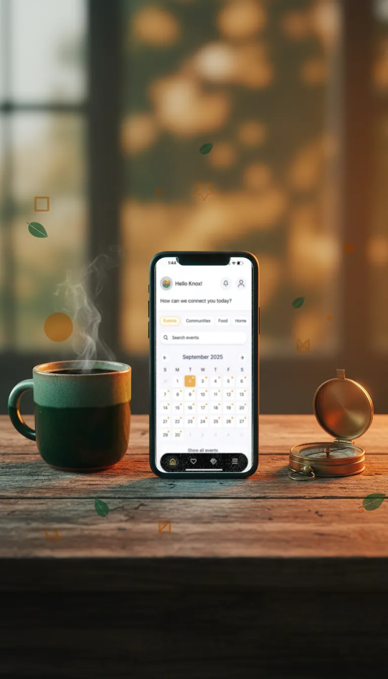 Sleek mobile mockup showing the Connecting Knox interface on a stylized surface