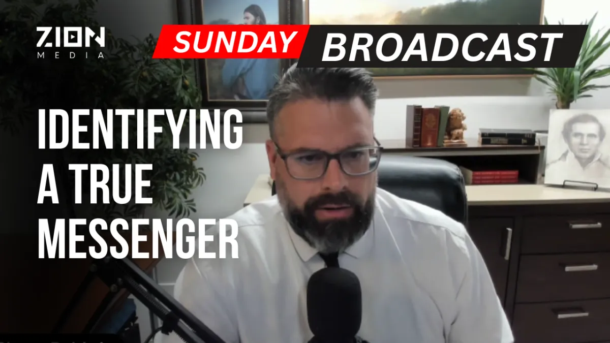 Two podcast hosts, one male and one female, sit at a round table with open Bibles and microphones. The background features bookshelves filled with religious texts and soft, natural lighting.