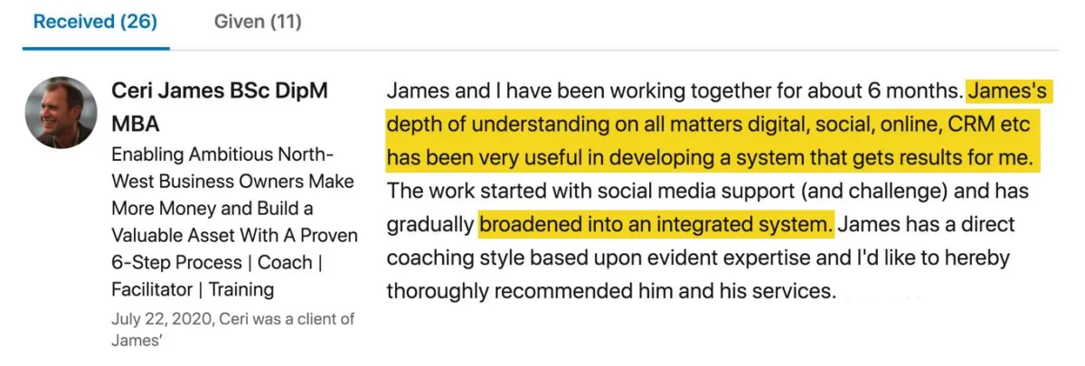 James Watson LinkedIn Recommendation Rebecca