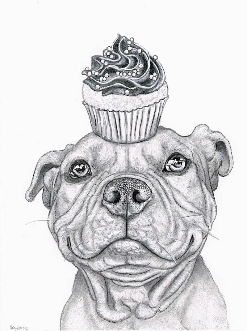 black and white drawing of pit bull wearing a cupcake 