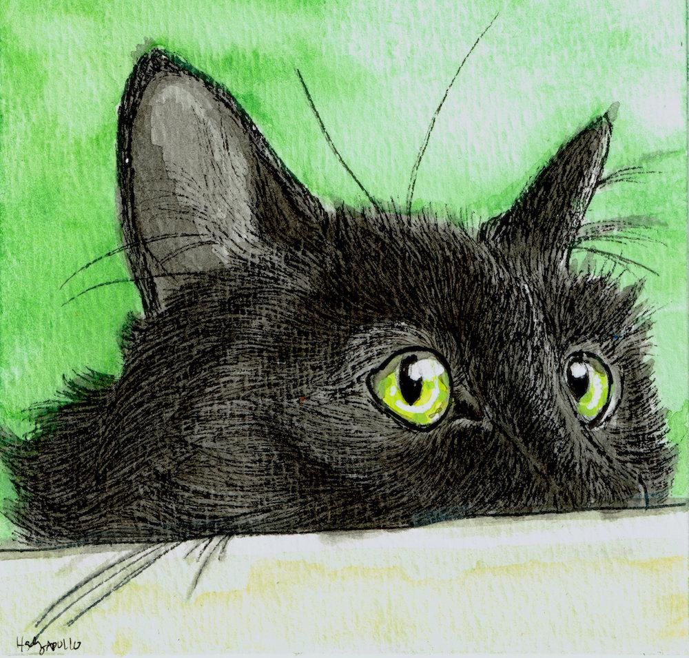 colorful black cat with green eyes painting 