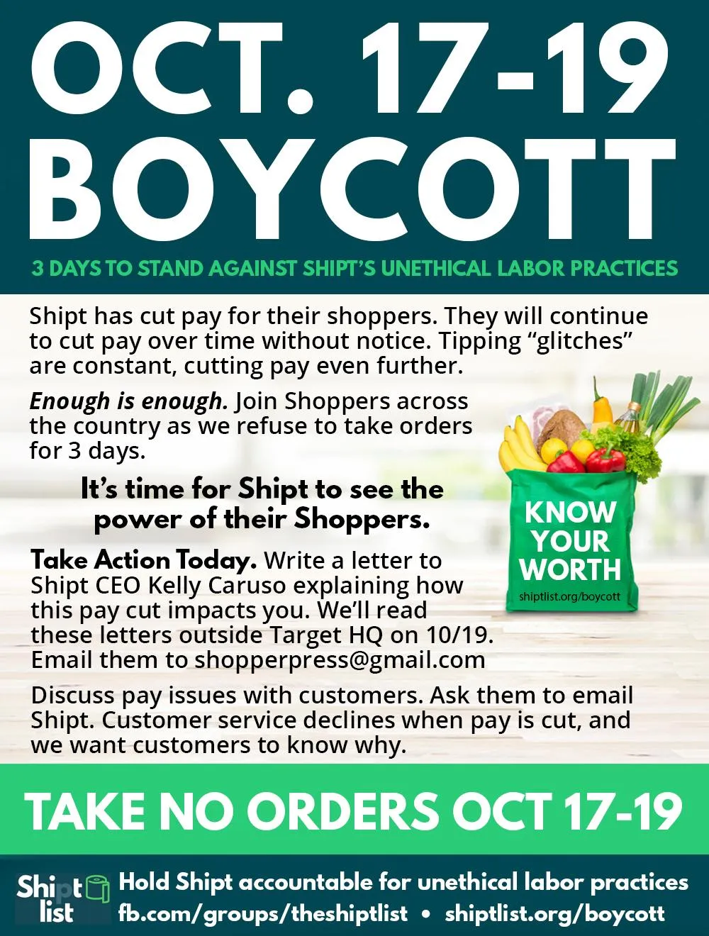 October 7-9 boycott: Take No Orders Oct 17-19